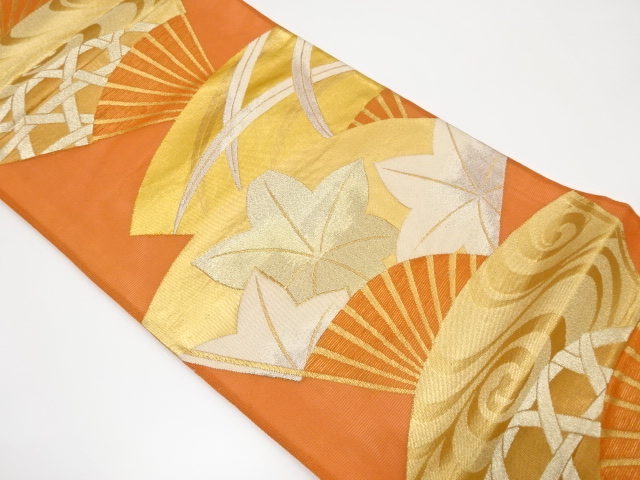 未使用品　紗　扇に紅葉・流水模様織り出し袋帯